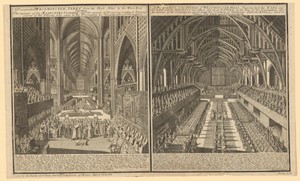 Twee voorstellingen van de Westminster Abbey tijdens de kroning van George II en een banket in Westminster Hall