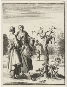 Twee vrouwen bekijken een boom die met de wortels omhoog is geplant