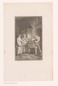 Twee vrouwen en een man met een degen in een interieur