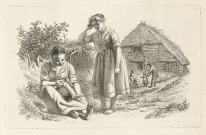 Twee vrouwen en een man met kinderen voor een boerenschuur