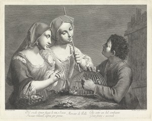 Twee vrouwen en een vogelkoopman