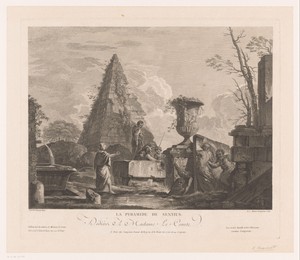 Twee vrouwen en twee mannen bij de piramide en ruïnes