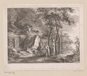 Twee vrouwen halen water bij een waterval