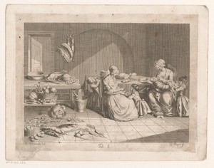 Twee vrouwen met kinderen in een keuken vol etenswaren