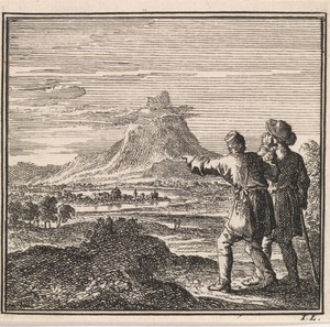 Twee wandelaars kijken uit over een weids landschap