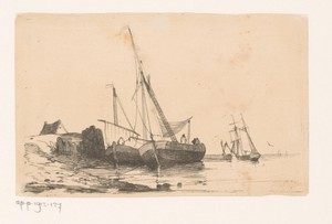 Twee zeilschepen aan de kust