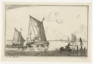 Twee zeilschepen en een roeiboot