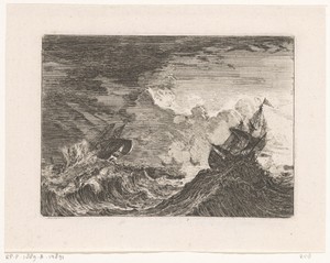 Twee zeilschepen opgetild door de golven tijdens een storm