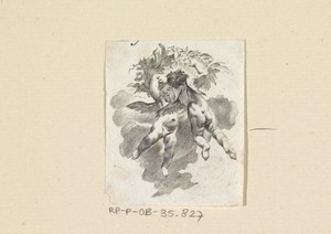 Twee zwevende putti met een krans van bladeren