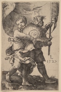 Two Boys with a Helmet and a Standard