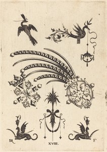 Two Brooches with Bird and Winged Snake at Top and Griffins with Vases at Bottom