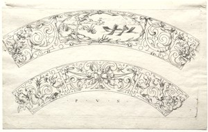 Two curved strips with fisherman and flowers