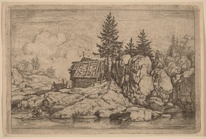 Two Fir Trees near Cottages