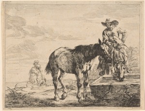 Two Horses Drinking at a Trough
