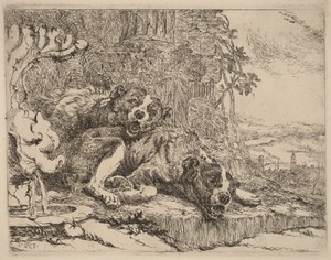 Two Mastiffs beside a Fountain