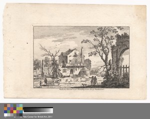 Two Men beside Ruined Arch Observing Farmyard Scene with Man Driving Horse and Wagon along Lane (2 of 6)