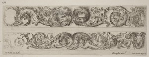 Two Ornamental Bands with Facing Heads of Lion and Eagle, and Two Rams