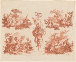 Two Pastoral Vignettes, Two Hunting Vignettes, and a Trophy