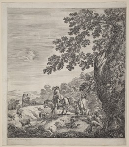 Two Riders Passing Near a Herd of Animals