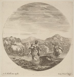 Two Women Fording a Creek with a Herd of Cows