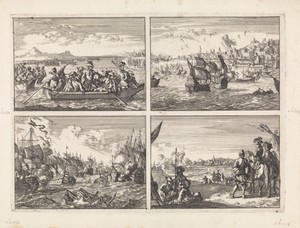 Uit Savoye verjaagde Waldenzen keren in schuiten over het meer van Genève terug naar hun land, 1689 / Genua door de Franse vloot gebombardeerd, 1684 / Slag bij Solebay, 1672 / Inname van Nijmegen door de Fransen, 1672