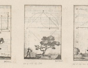 Uiteinde van een diagonaal van een vierkant met onderaan een lastdragende man bij een boom