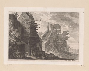 Uitkijktoren en een man met vier zwijnen