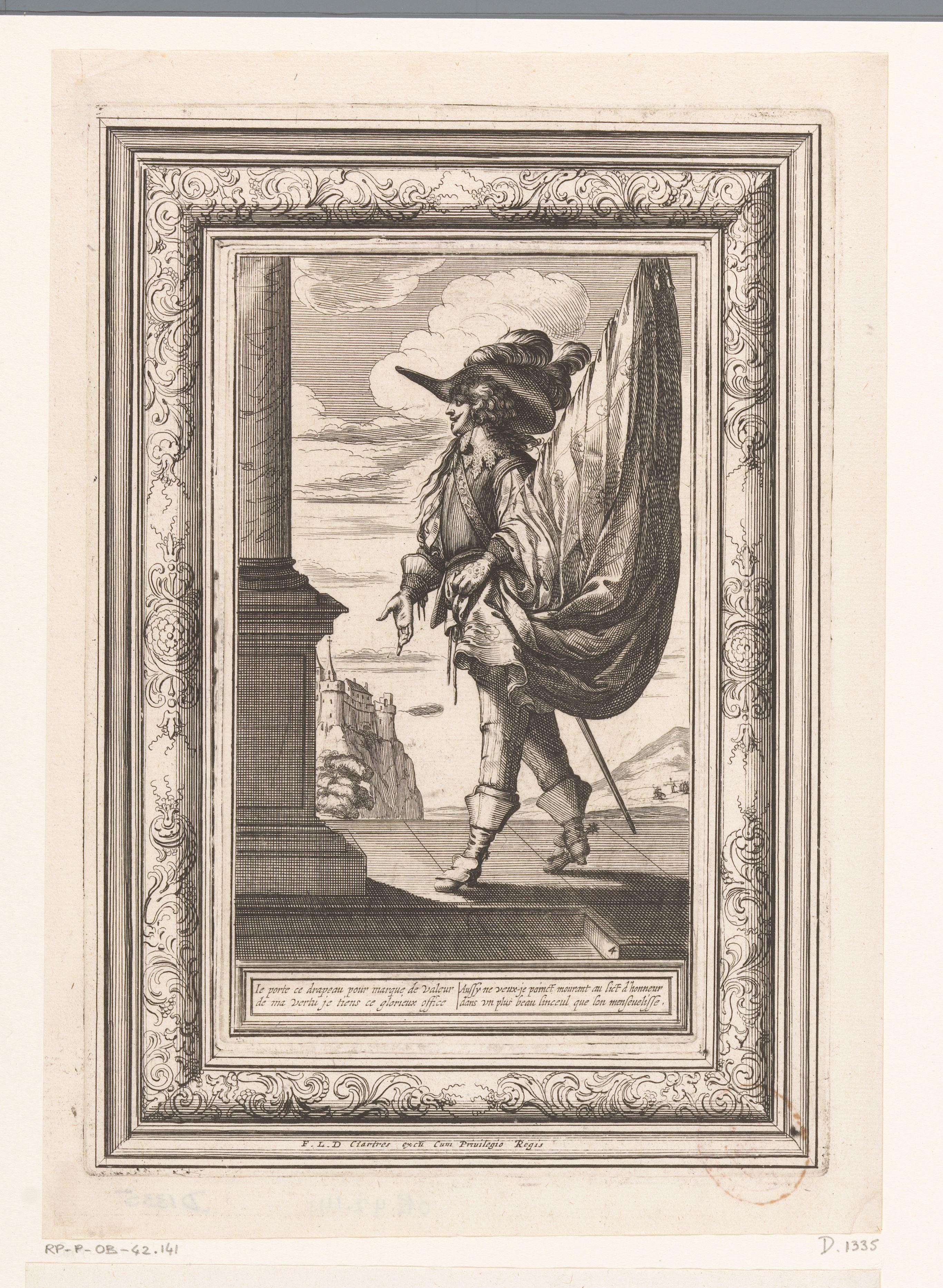 Vaandeldrager op een bordes, gekleed volgens de mode van ca. 1630 by Abraham Bosse