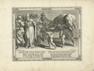 Vader en zoon met de ezel op hun rug