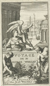 Vader Tijd wijst schrijvende vrouw op monumenten uit de klassieke oudheid