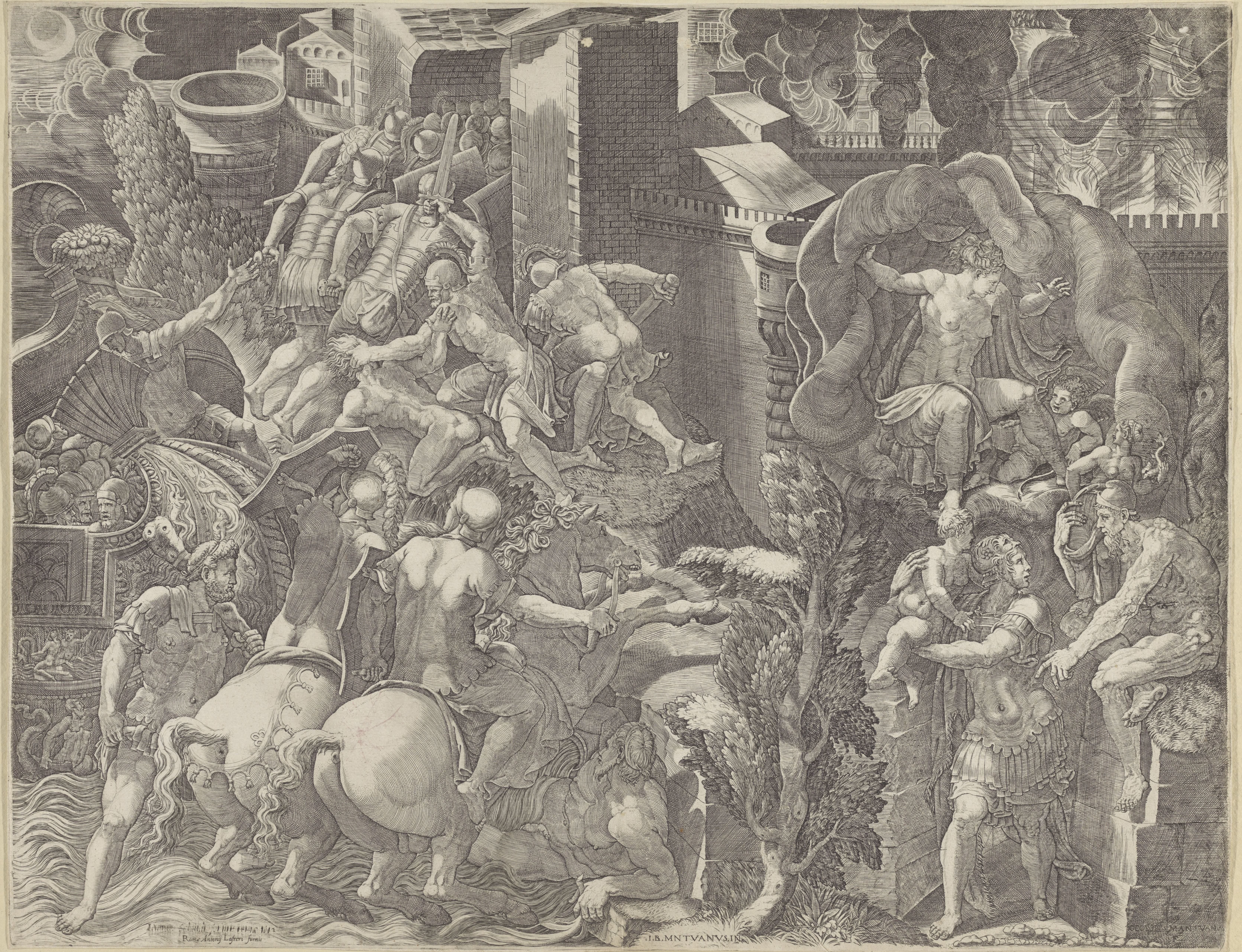 Val van Troje en de ontsnapping van Aeneas by Giorgio Ghisi