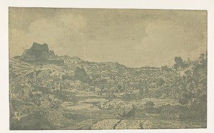 Vallei met een rivier en een stad met vier torens