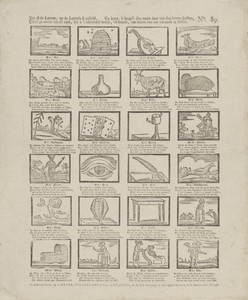 Van al de letters, op de letterlyst gesteld, / Vindt ge onder elk de zaal, die u 't afbeeldsel meldt, / Gy kunt, ô jeugd! dan naam daar van dus leeren spellen; / of leezen, om hierin een nut vermaak te stellen