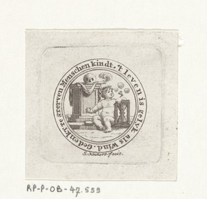 Vanitas met bellen blazend kind, schedel en zandloper