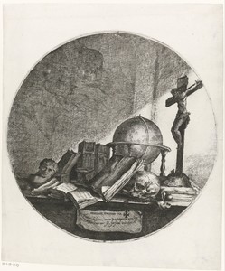 Vanitas met globe, crucifix, schedel en boeken