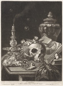 Vanitasstilleven met een bloembekranste schedel