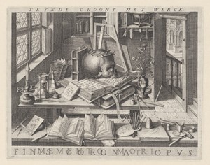 Vanitasstilleven met een schedel met lauwerkrans