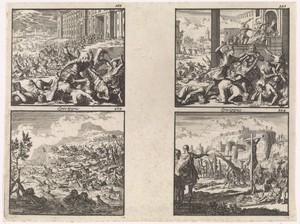 Vanuit de tempel vallen de Joden Idumeërs aan / Placidus verslaat de Joden bij de Jordaan / Hongersnood in Jeruzalem / Titus laat gevangen Joden kruisigen