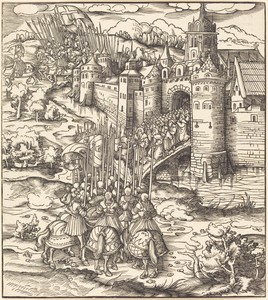 Various Men Kneeling on a Bridge in front of a Town