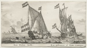 Various Ships and Views of Amsterdam (Verscheÿde Schepen en Gesichten van Amstelredam), Part II:  Dutch Admiralty Yacht.  A Guard Ship