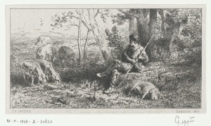 Varkenshoeder met toom varkens onder een boom