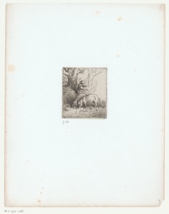 Varkenshoeder met twee varkens onder een boom