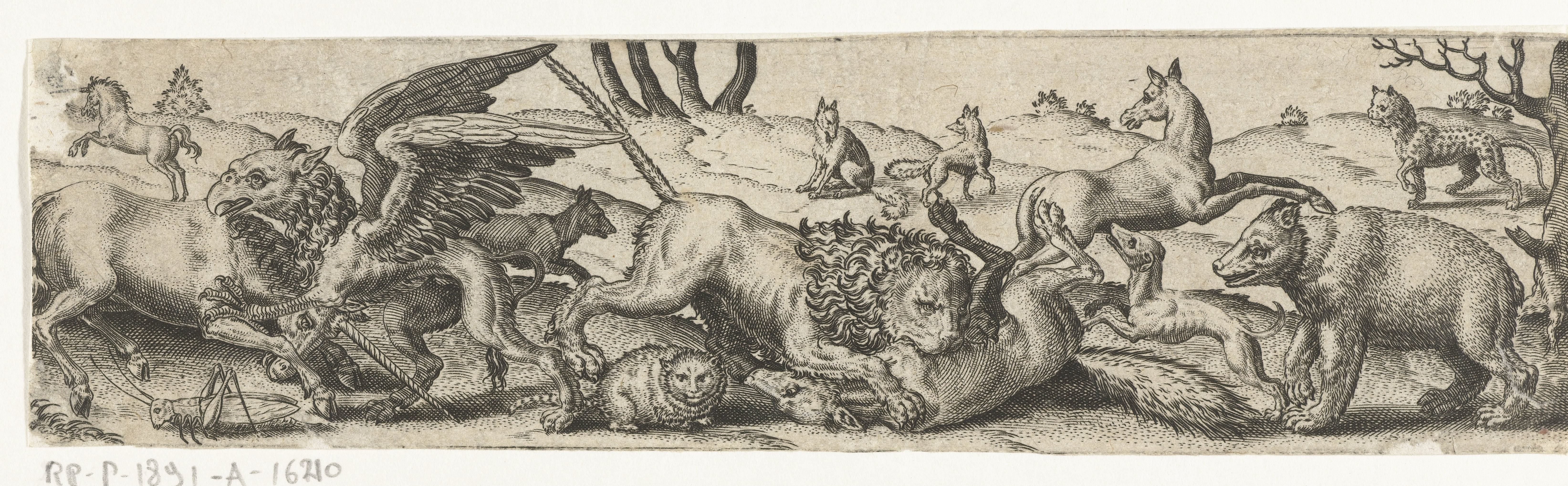 Vechtende dieren in een landschap. by Abraham de Bruyn