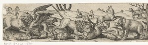 Vechtende dieren in een landschap.