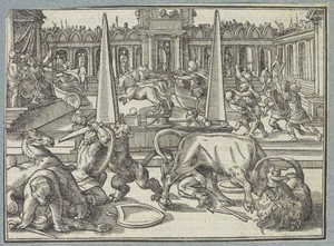 Vechtende gladiatoren in een arena