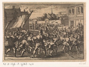 Vechtpartij van jongens te Chamb in de Paltz, voorstellende de graaf van Tilly en Gustaaf II Adolf, 1632