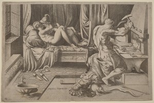 Venus and Mars Embracing with Vulcan at his Forge