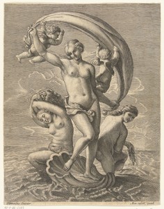 Venus door de wind meegevoerd op haar schelp op zee