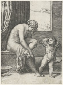 Venus droogt zich af na bad en Amor met pijl en boog