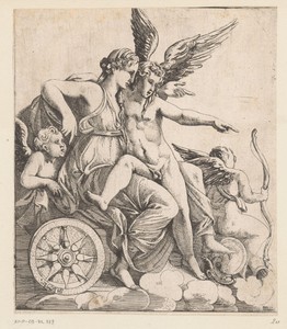 Venus en Amor in een triomfwagen, omringd door putti